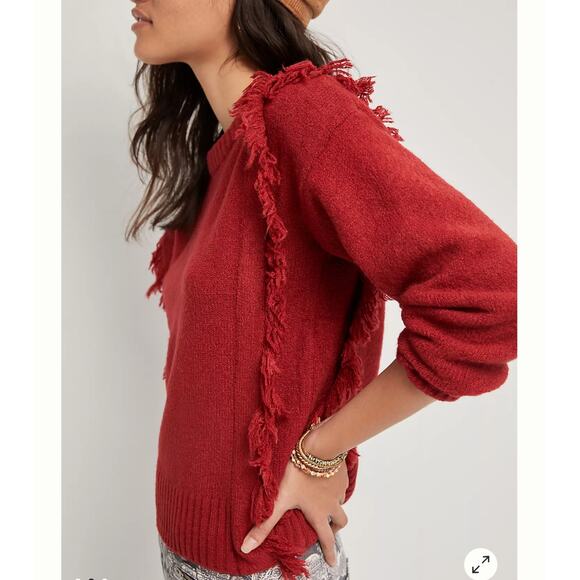 Anthropologie Mazie Fringe Pullover Sweater XS Long Sleeve Cropped Boho Rust Red - Picture 2 of 12